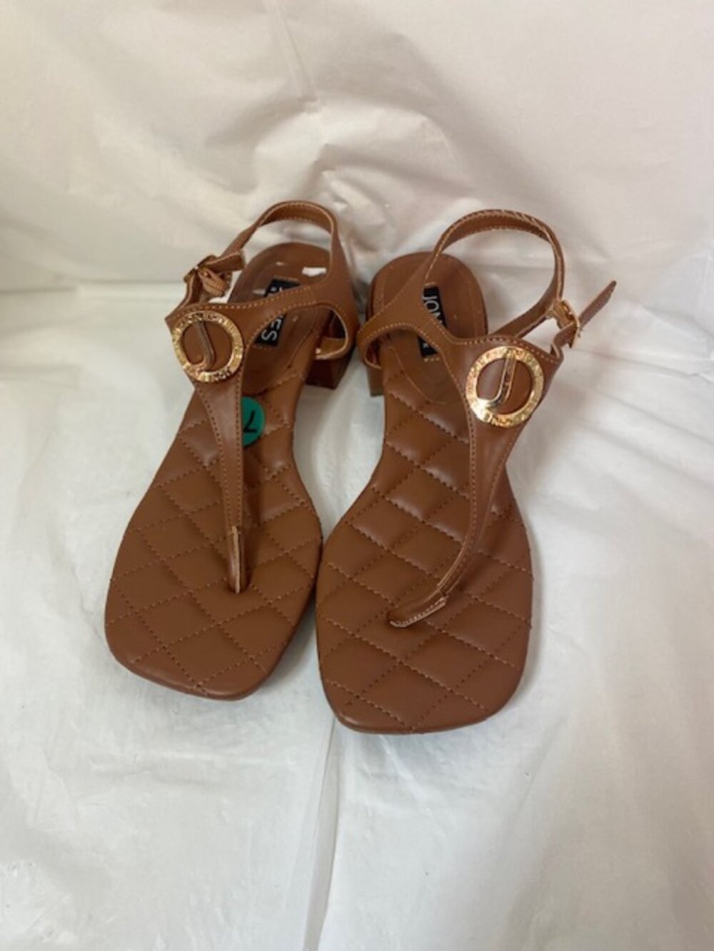 Jones New York Tan Leather Quilted Slingback Low Block Heel Sandals 7.5 M